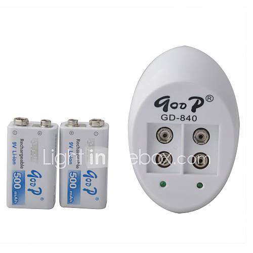 Automatic Charger for 6F22(9V) Ni MH/Ni Cd Batteries with 6F22 9V Batteries 500mAh (2PCS)   White