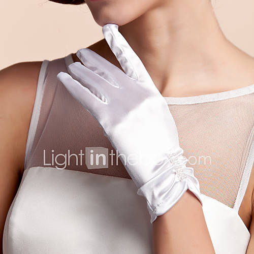 Satin Wrist Length Bridal Gloves With Ruching And Pearls