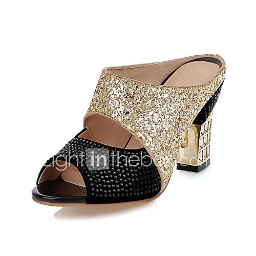 Leatherette Womens Chunky Heel Slide Slippers With Rhinestone Shoes(More Colors)