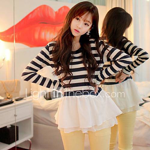 Womens Pure Korean Style Stripes Stitching Chiffon T Shirt