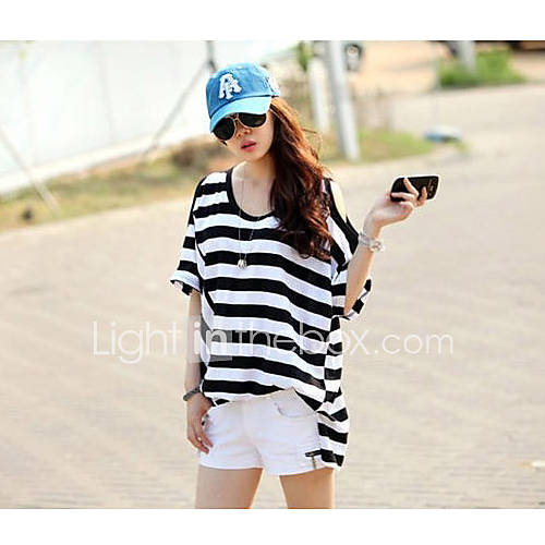 E Shop 2014 Summer Loose Fit Off The Shoulder Casual Black White Stripes Bat T Shirt