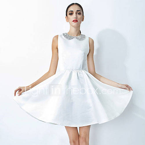 YIGOUXIANG Womens Fashion Doll Collar Fitted Sleeveless Dress(White)