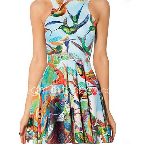 Womens Round Collar Birds Pattern Print Sleevless Dress