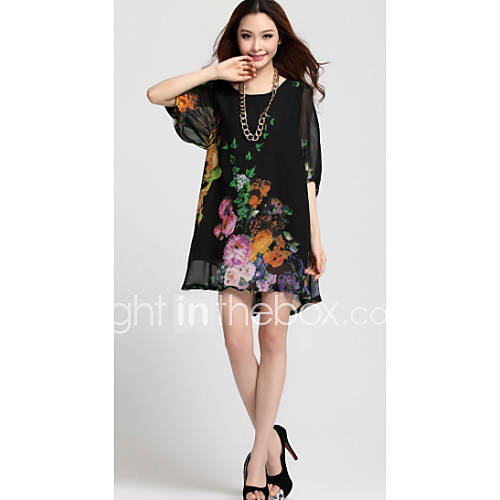 Womens Puff Sleeve Slouchy Leopard Chiffon Half Sleeve Dress (Random Pattern)