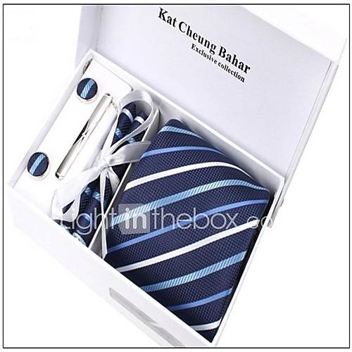 Mens Fashionable Blue White Striped Polyester Ties Set(breatpin random)