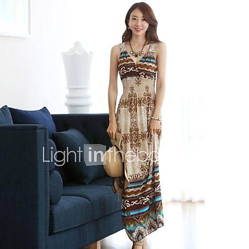 Womens Bohemia Ice Silk Classical Show Thin V neck Beach Dress