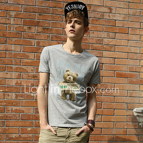 YiRANCP Mens Fashion Korean Style Round Collar Bear Printed Short Sleeve Shirt (Gray)