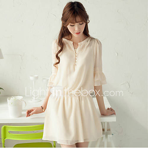 Loongzy Womens Korean Chiffon 3/4 Sleeve Fresh Solid Color Beige Dress