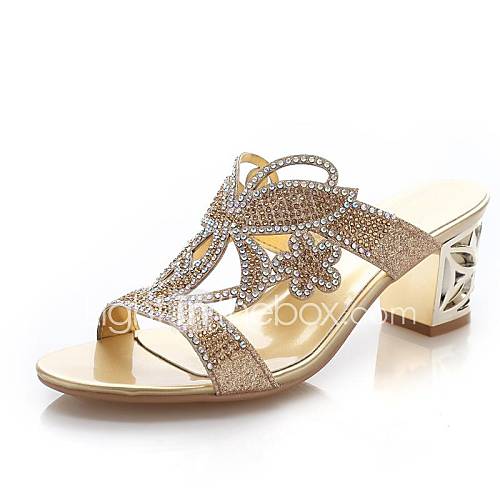 Sparkling Glitter Womens Chunky Heel Slide Sandals With Rhinestone Shoes (More Colors)