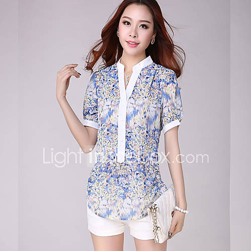 E Shop 2014 Summer Irregular Blue Floral Stand Chiffon Shirt