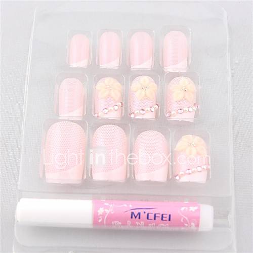 12 PCS Pink Flower Woven Acrylic UV Gel False Nail Art Tips With Glue