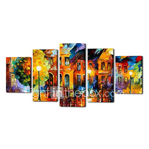 Hand Painted Oil Painting Landscape Knife Painting Street Scenery with Stretched Frame Set of 5