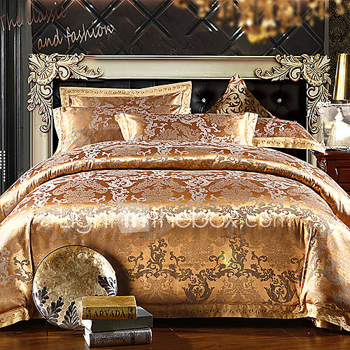 Mankedun Golden Floral Print Silk Cotton 4 PCS Set Bedding