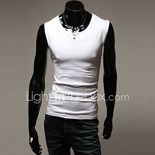 ZHELIN Mens Round Neck Sleeveless Solid Color White 100% Cotton T Shirt