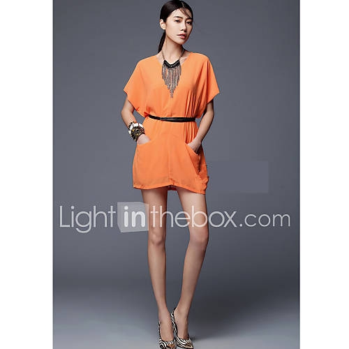 Verragee Bat Sleeve V Neck Loose Fit Dress(Orange)