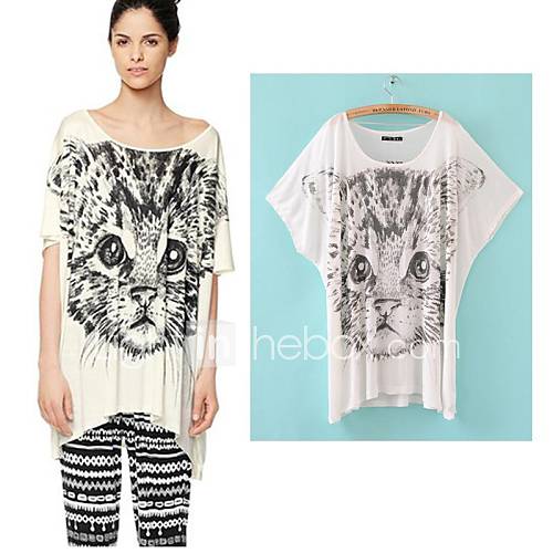 Womens Round Neck Batwing Sleeve Cat Printed Graphic Loose T shirts