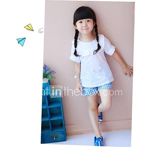 Girls Round Neck with Ruffle Side Short Sleeve and Check Pattern Short Clothing Set
