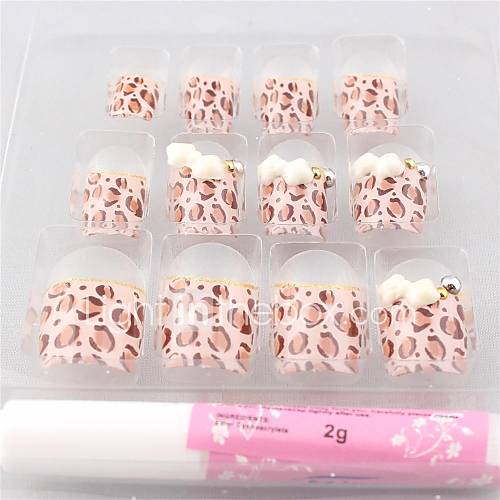 12 PCS Split Color Bow Leopard Print Acrylic UV Gel False Nail Art Tips With Glue