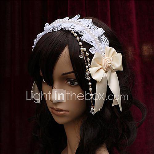 Flower Bride Beige Ribbons White Pearl Princess Lolita Headband