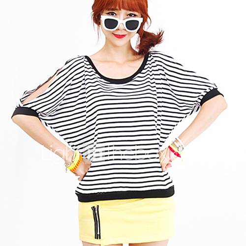 [Pashong] Womens Round Collar Stripes Cut Out Sleeve T Shirt