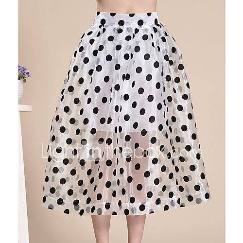 Womens Retro Organza Fabric White Background And Black Polka Dot Skirt