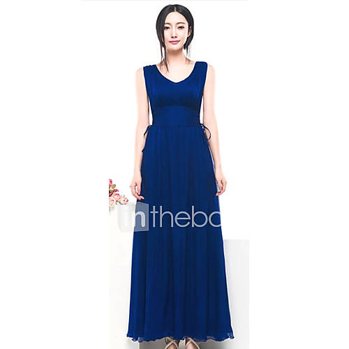 Color Party Womens Silk V Neck Swing Long Dress (Blue)