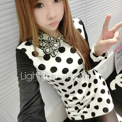 Yimei Casual Slim Long Sleeve Polka Dots Dress(White)