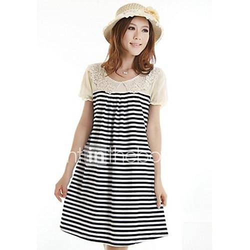 Maternity Round Collar Stripe Puff Sleeve Knee length Dress