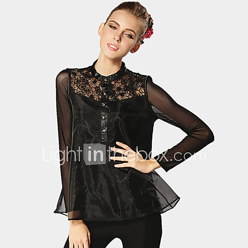 JRY Womens Simple Black Cut Out Lace Chiffon Loose Fit Blouse