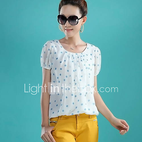 E Shop 2014 Summer Blue Polka Dots Loose Fit Short Sleeve Chiffon Shirt (White)