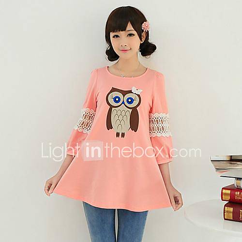 Womens Round Collar Print Splicing Hook Flower T shirt