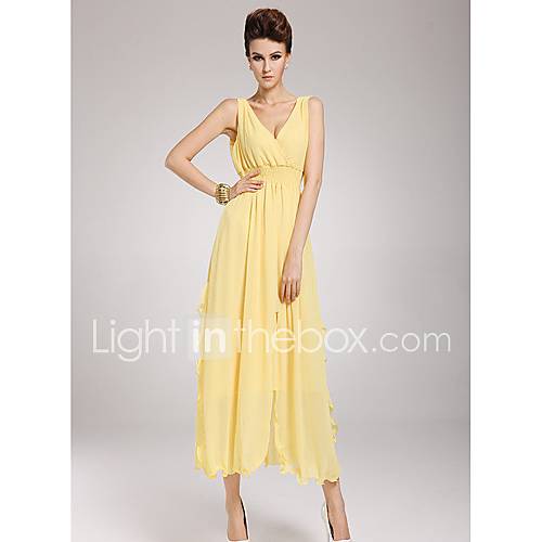 Color Party Womens Fashion V Neck Long Dress (Yellow)