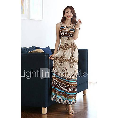 Lanliersi Bohemia Beach Holiday Print V Neck Big Swing Dress