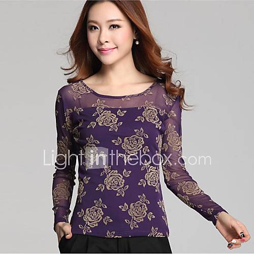 Womens Round Collar Lace Printing Rose Yarn Long Sleeve Slim T Shirt