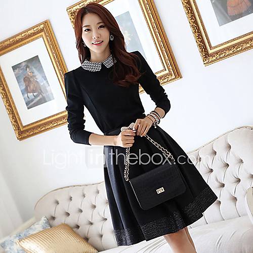 Jingpin Lapel Waisted Seven Sleeve Dress (Black)