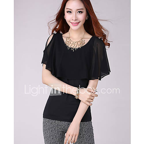 E Shop 2014 Summer Slim Off The Shoulder Ruffle Sleeve Fake Two Pieces Chiffon Shirt (Black)