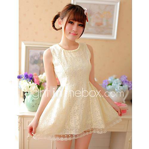 Womens Round Collar Lace Mini Fitted Dress With Beading