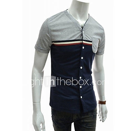 ZHELIN Mens V Neck Short Sleeve Bodycon Contrast Color Navy Blue 100% Cotton T Shirt