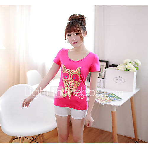 E Shop 2014 Summer Korean Maxi Owl Print Short Sleeve T Shirt (Fuchsia)