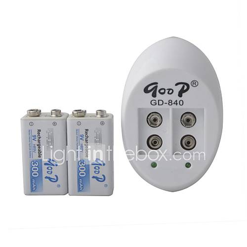 Automatic Charger for 6F22(9V) Ni MH/Ni Cd Batteries with 6F22 9V Batteries 300mAh (2PCS)   White