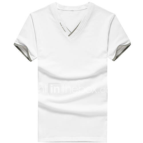 ARW Mens Leisure Solid Color Short Sleeve V Neck White Shirt