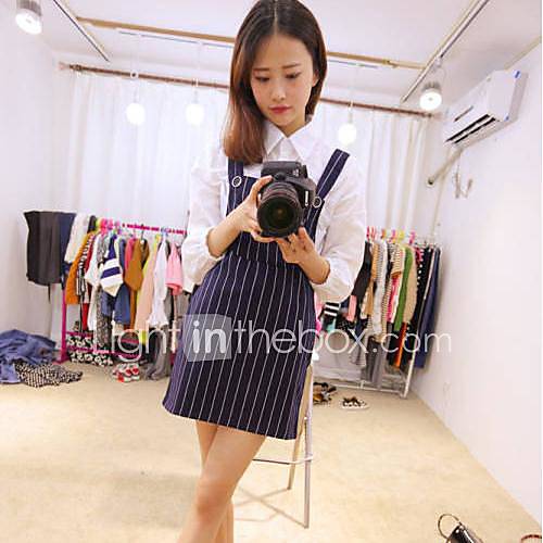 Womens Vintage Preppy Vertical Stripes Slim Pocket Strap Dress