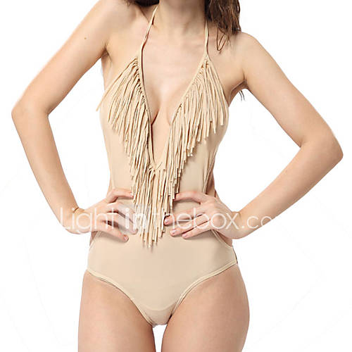 Rose Womens Sexy V Neck Tassel One Pieces Swimming Dress