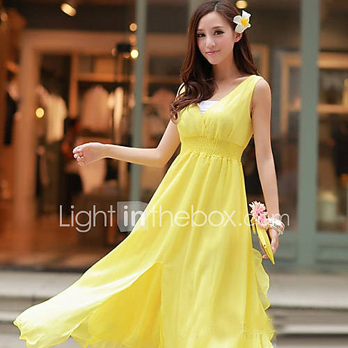 Loongzy Womens Bohemian Chiffon Solid Color Sleeveless Yellow Dress