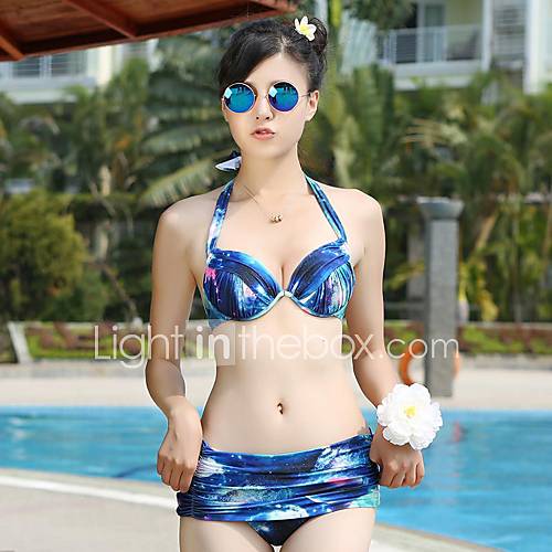 Womans Bright Blue Bikini Steel Prop Gather