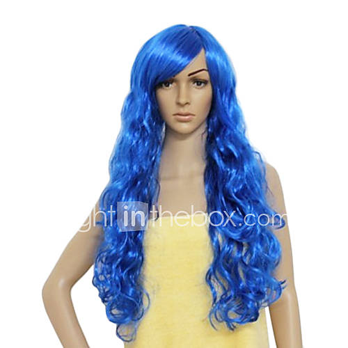 Blue Long Synthetic Wavy Wig Side Bang