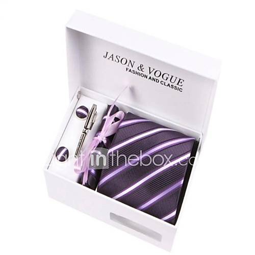 Mens Fashionable Purple White Striped Polyester Ties Set(breatpin random)