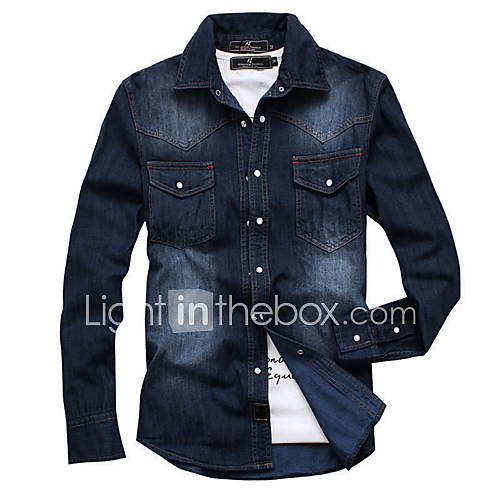 Mens Slim Solid Color Denim Long Sleeve Shirt