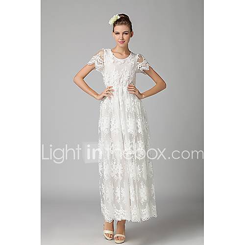 Swd Round Neck Mesh Lace Stitching Dress (White)