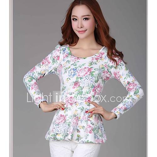 E Shop 2014 Graceful Flower Long Sleeve Round White T Shirt